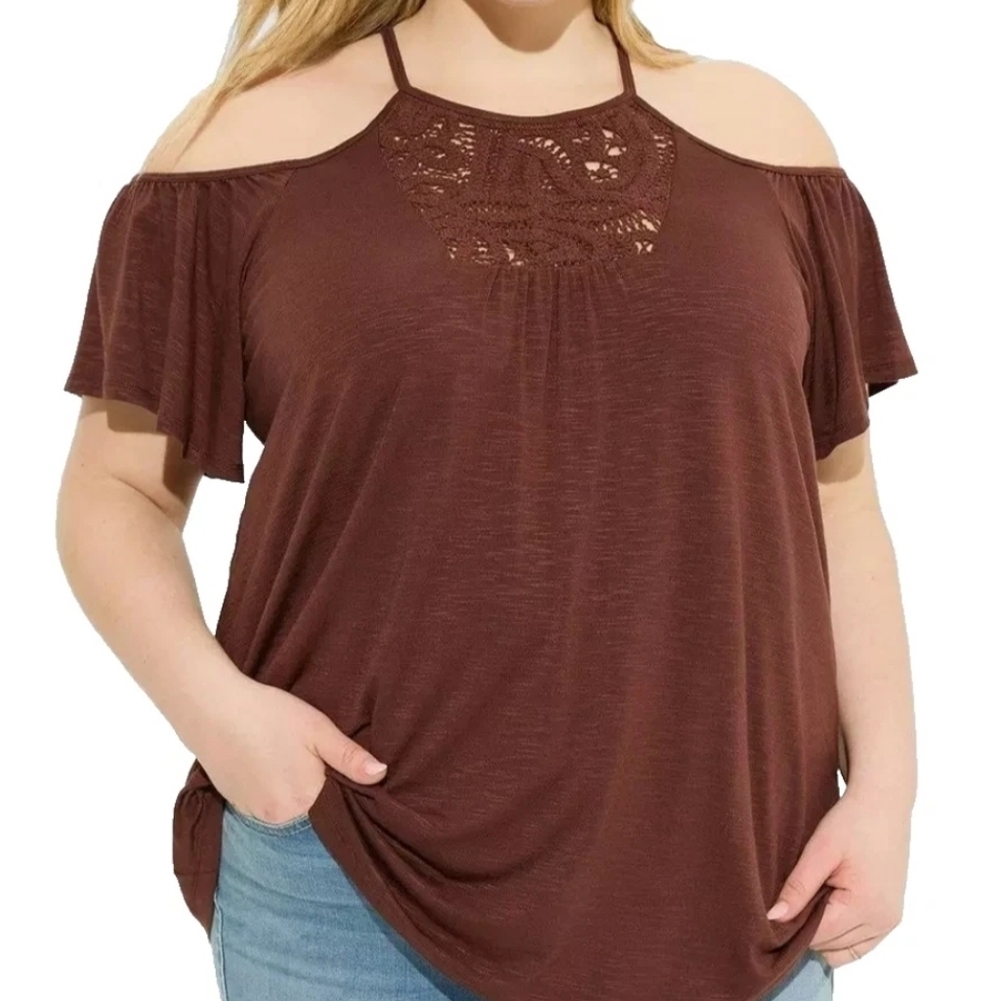 Torrid Brown Cold Shoulder Super Soft Slub Knit Top